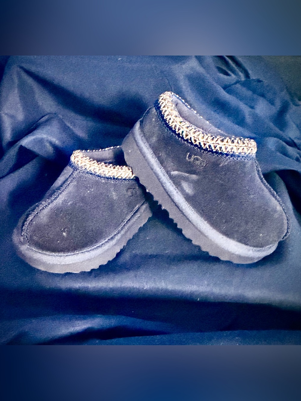 UGG Toddler Navy Slip-On Cozy Suede Shoes with Braided Trim